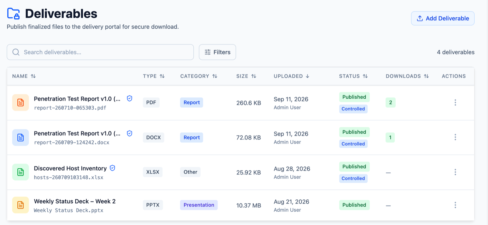 Neuron engagement Deliverables page listing published report, presentation and inventory files with type, category, size, status and download counts