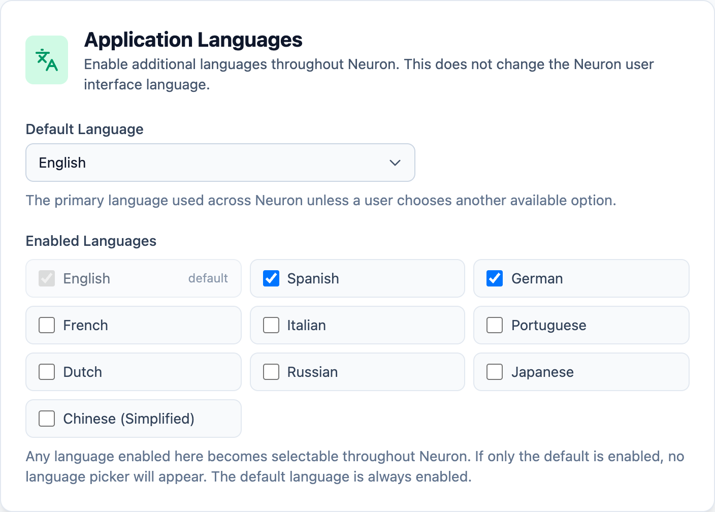 Neuron Application Languages settings with English as the default and Spanish and German enabled among ten available languages