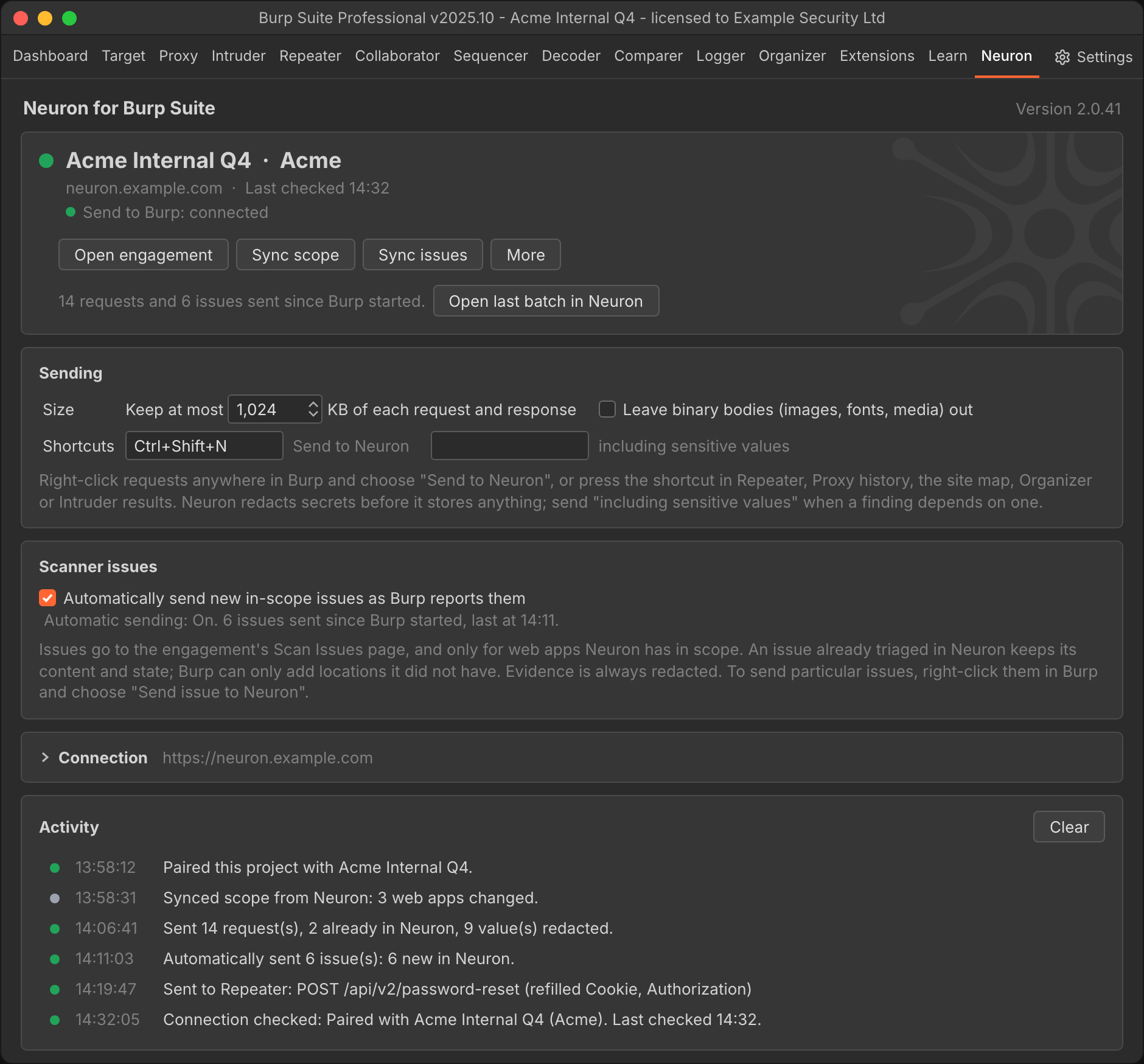 The Neuron tab in Burp Suite, paired with Acme Internal Q4: the status card shows the connection and Send to Burp as connected, with Open engagement, Sync scope and Sync issues, and the Activity log lists the pairing, a scope sync, sent requests and issues, and a request opened in Repeater