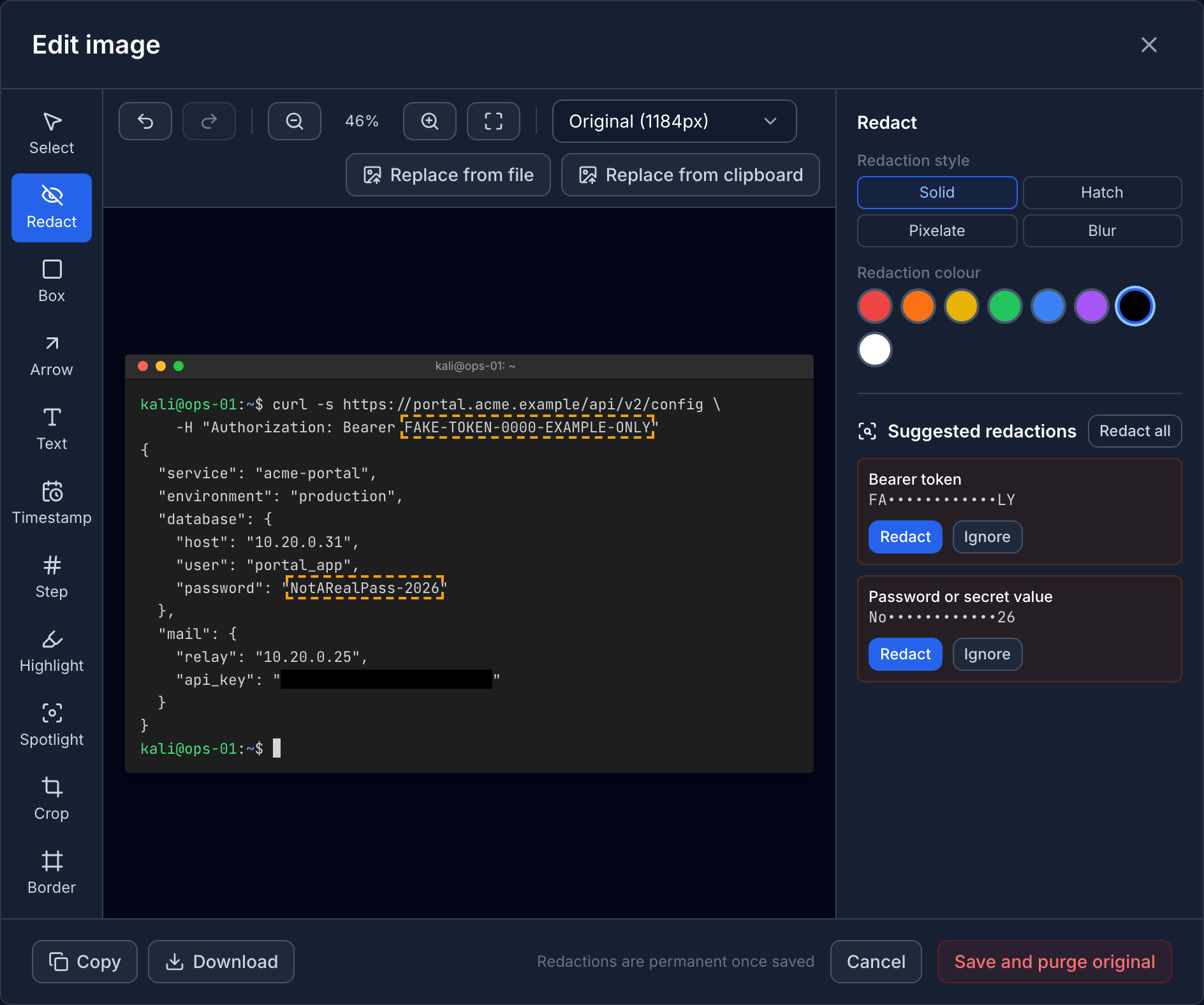 Neuron's image editor open on a terminal screenshot of an API config response: an API key is already redacted in black, and Suggested redactions lists a Bearer token and a password, each outlined on the image, with the Save and purge original button below
