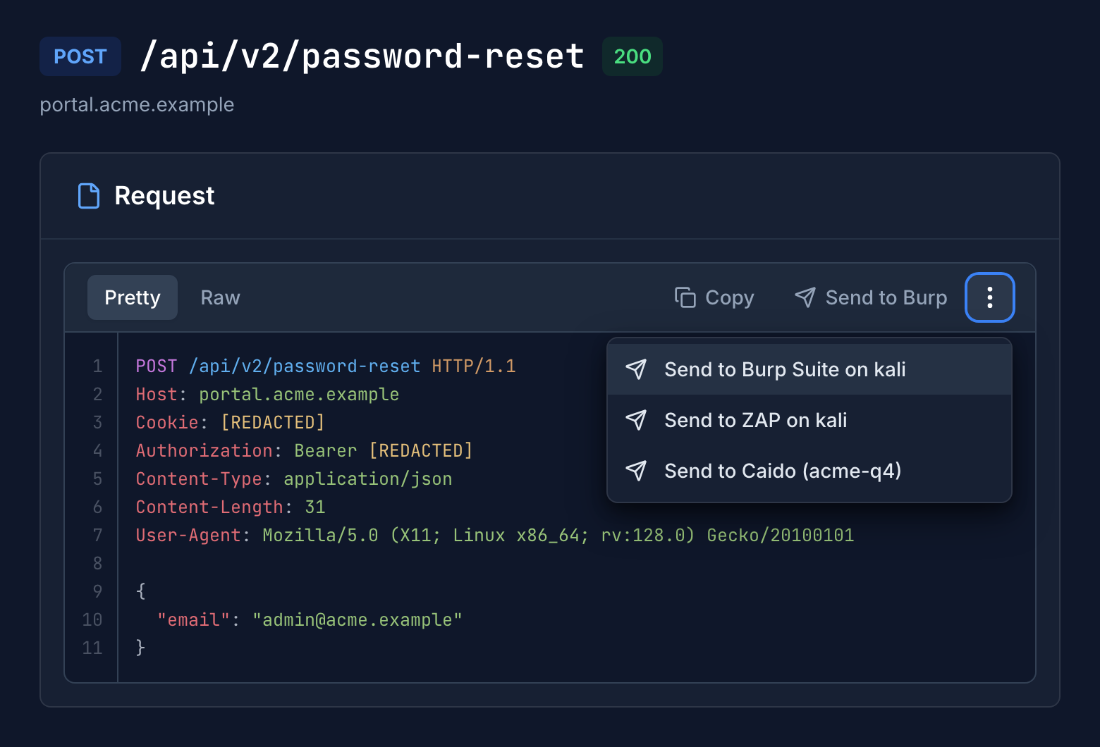 A stored POST request in Neuron with its Cookie and Authorization values redacted, the Send to Burp button, and its menu listing the connected Burp Suite, ZAP and Caido clients